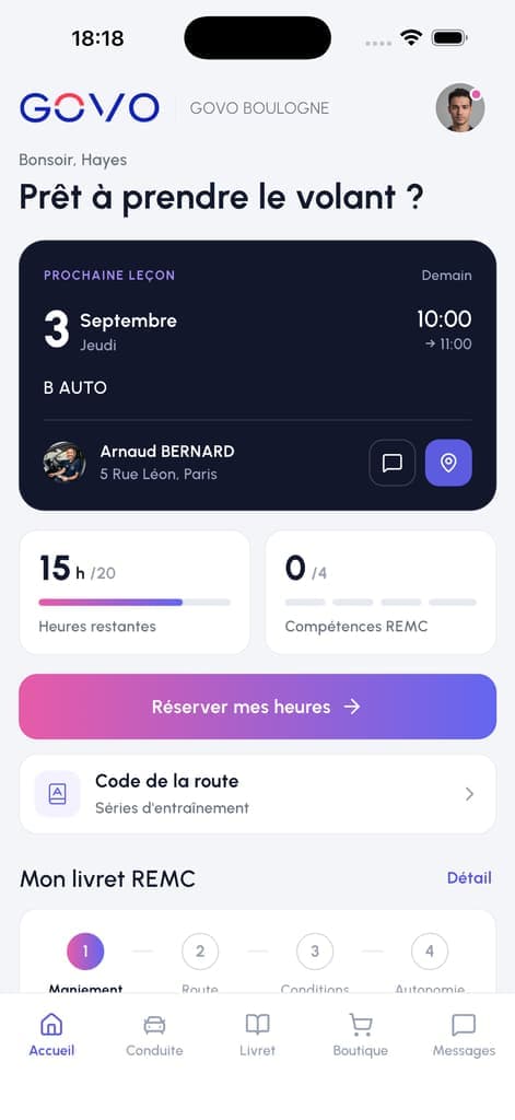 Écran de l'application GOVO montrant la progression vers le permis et la prochaine séance avec le coach